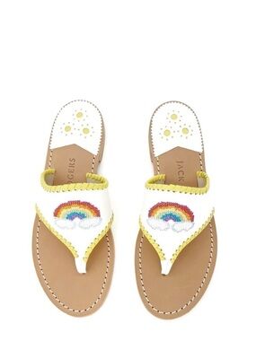 Jack Rogers Embroidered Sandals Rainbow & Clouds Size 7 White Yellow Thong New